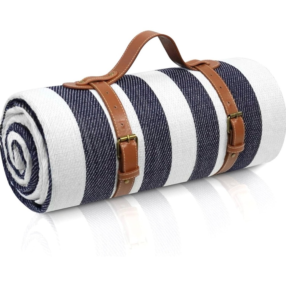 Navy and White Striped Blanket with Brown Straps